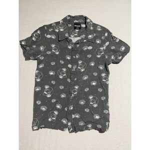 rsq skull and flower aop grey ss button up shirt, unisex youth medium